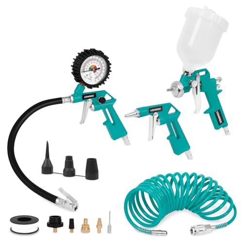 VONROC Set Completo di Utensili Pneumatici VONROC - Gonfiatore 3-in-1, Pistola ad Aria, aSpruzzo, Tubo a Spirale 5m - Attacco Universale EURO/DIN 7.2mm - per Pulizia, Verniciatura e Gonfiaggio