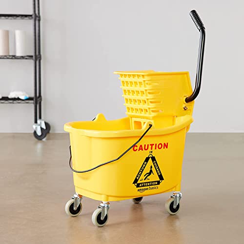 Image of Amazon Basics Commercial Side Press Wringer Floor Cleaning Mop Bucket on Wheels, 35-Quart, Yellow