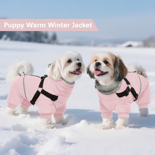 Image of BRKURLEG Small Dog Winter Coat with Harness Built in, Winter Jackets for Dogs, Fullbody Dog Coat, Dogs Snowsuits Reflective Windproof Cold Weather Coats, Pet Warm Fleece Coats, Pink, L