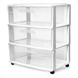 HOMZ Plastic 3 Drawer Wide Cart, White Frame, Clear Drawers, 4 Casters Included, Set of 1