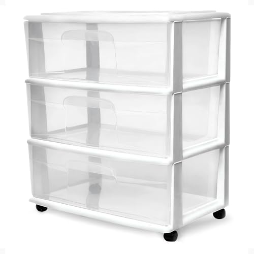 HOMZ Drawer Tower, 3-Tier Wide Rolling Storage Cart with Removable Wheels, White Frame – Plastic Organizer with Clear Bin Drawers for Bedroom, Bathroom, Home Office, and Dorm Room