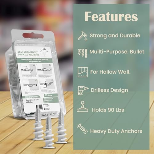 Image of Reinforced Nylon 66 Drywall Repair Anchors - 90lb, Small Wall Hanging Kit for Apartment Quick Fixes & Towel Rack with Carbon Steel Screws, 10 Dry Wall Anchors and 10 Phillips Flat Head Wood Screws
