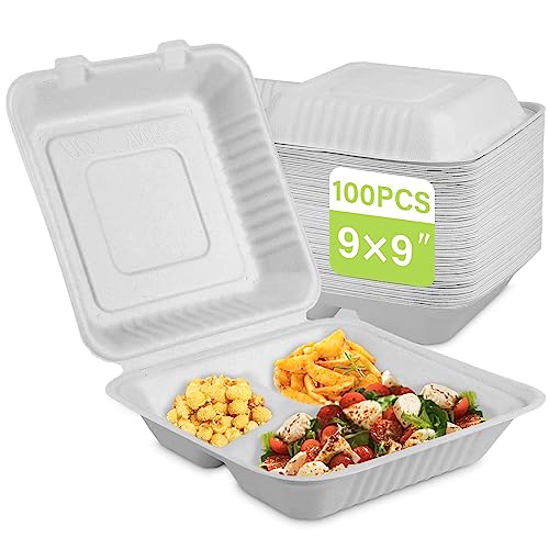 9x9 Clamshell Food Containers, 100 Pack Disposable Take Out Food