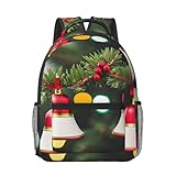 Tamaño y material: con dimensiones de 12.6 x 5.9 x 16.5 pulgadas, la mochila de viaje para portátil con estampado de árbol de Navidad y campana está hecha con tela de sarga resistente al agua para garantizar la durabilidad y resistencia contra salpicaduras o derrames.