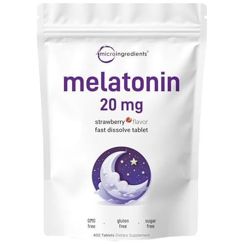 Micro Ingredients Melatonin 20mg, 400 Tablets | Natural Strawberry Flavor | Fast Dissolve | No Drug | Vegetarian Friendly | Non-GMO, No Gluten, Sugar Free
