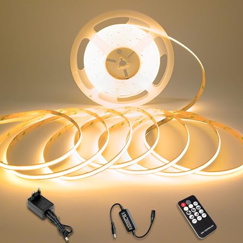 MOJIAZH COB LED Streifen 3000K Warmweiß, 24V 5M Dimmbares, IP20 Lights Decoration, GS Netzteil, CRI90+ mit RF Lichtband Fernbedienung, Lichtband LED Selbstklebend. Sockelleiste, Rille DIY Dekoration.