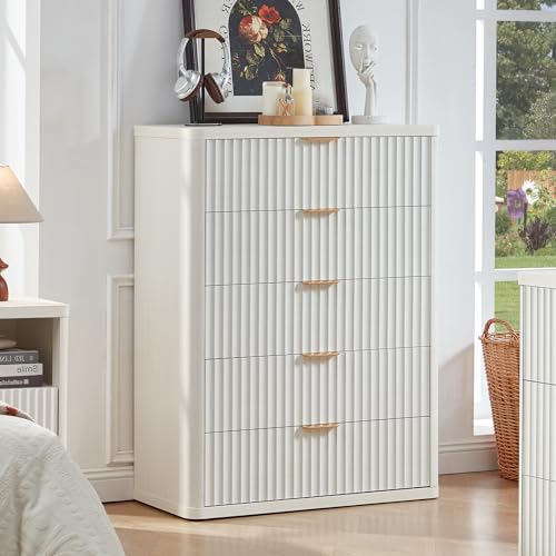 Image of LEYAOYAO Fluted 5 Drawers Dresser Set of 2, 41 inch Tall Modern Chest of Drawers with Metal Handle, Curved Profile Dresser TV Stand, Wooden Drawer Organizer for Bedroom, Living Room, Hallway,Antique White