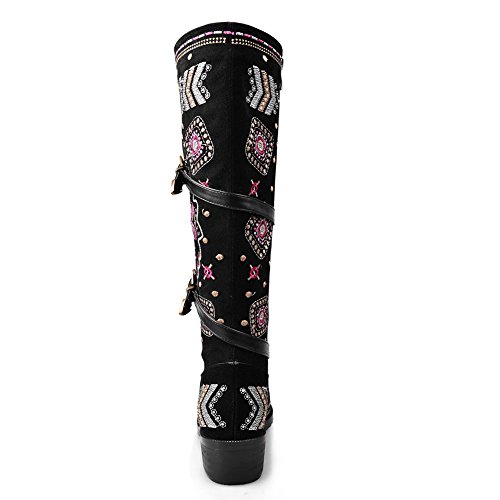 SaraIris Buckle Floral Embroidery Zipper Square Heels Ethnic Knee High Boots for Women