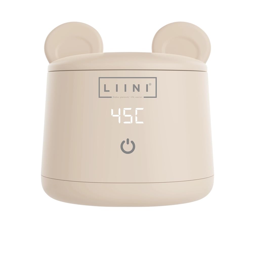 LIINI® BASIC Flaschenwärmer mit Akku, 45W, beige – 4 Stufen 37/40/45/50°C, Akku 9.000 mAh, unterwegs & zuhause, USB-C, Staubschutz im Bärenohren-Look, BPA-frei, CE/RoHS