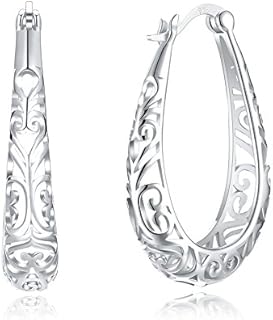 Vintage Filigree 925 Sterling Silver Oval Small Hoop Earrings for Women Girls Fashion Hollow-out Texture Flower Dainty Teardrop Huggie Hoops Hypoallergenic Click Top Pierced Jewelry Gifts Birthday Mom