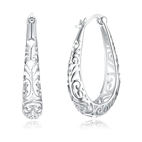 Vintage Filigree 925 Sterling Silver Oval Small Hoop Earrings for Women Girls Fashion Hollow-out Texture Flower Dainty Teardrop Huggie Hoops Hypoallergenic Click Top Pierced Jewelry Gifts Birthday Mom Cover