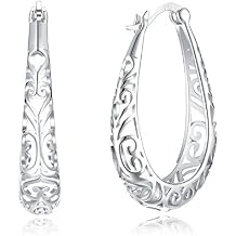 Vintage Filigree 925 Sterling Silver Oval Chandelier Small Hoop Earrings for Women Fashion Boho Hollow-out Texture Flower Dainty Teardrop Huggie Hoops Dangle Hypoallergenic Click Top Trendy Jewelry Christmas Gifts Birthday
