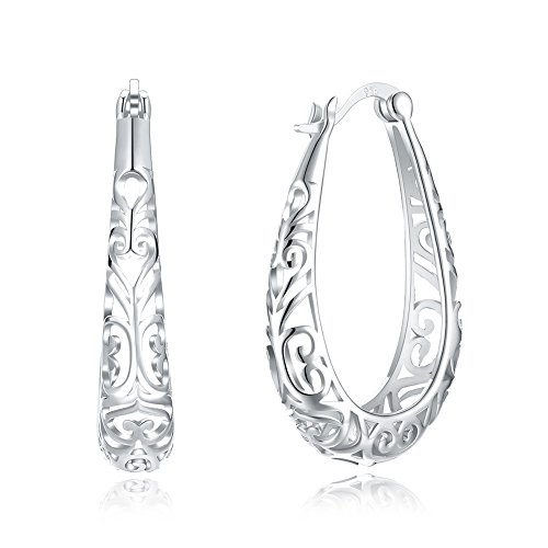Vintage Filigree 925 Sterling Silver Oval Chandelier Small Hoop Earrings for Women Fashion Boho Hollow-out Texture Flower Dainty Teardrop Huggie Hoops Dangle Hypoallergenic Click Top Trendy Jewelry Christmas Gifts Birthday