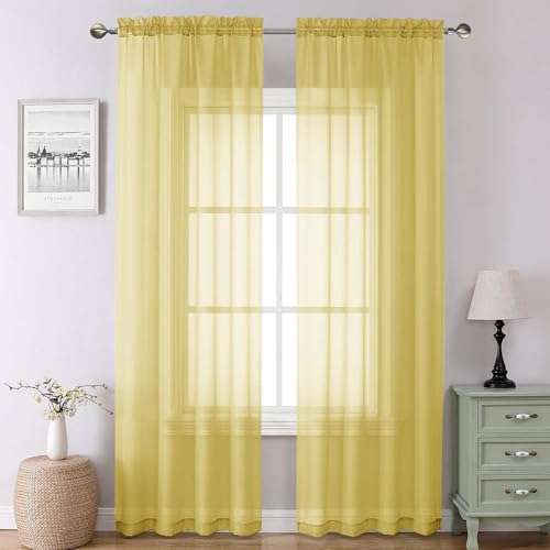 Lecloud Yellow Sheer Curtains 90 Inches Long 2 Panels, Gauzy Light Filtering Breathable Curtain, Solid Voile Home Decor Drapes with Dual Rod Pocket for Living Room Bedroom, Each 42" W x 90" L