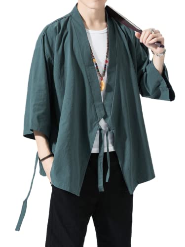 Image of Men's Japanese Kimono Cardigan Loose Cotton Linen 3 /4 Sleeve Open Front Casual Summer Shirt Jackets
