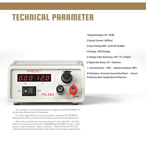 Image of Adjustable DC Power Supply, Variable Output 12V 9V 7.5V 6V 4.5V 3V / Max 2A, PS-28A Benchtop Power Supply, Dual LCD Display, Fuse Protection, No Noise