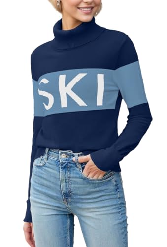 ALPSWARE Women Turtleneck Sweaters Warm Shirts Apres Ski Patchwork Tops Winter Fashion Skiing Clothing Navy M