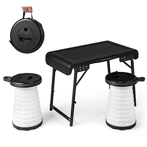 GOPLUS Table de Camping avec 2 Tabourets Rétractables à LED, Ensemble de 3 Pièces pour Plage, Jardin, Table Pliante Portable et 2 Chaises Léger pour...