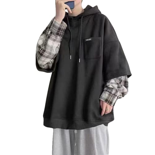 Men Korean Preppy Fake Two Piece Hoodie Y2K Harajuku Oversize Plaid Hooded Sweatshirt Spring Casual Pullover Tops Clothes