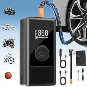 Elektrische Luftpumpe 150PSI, Tragbare 6000mAh Akku Mini Kompressor mit Digitale Anzeige, LED-Licht, USB-Ladeanschluss, Fahrradpumpe Elektrisch für Fahrrad, Auto, Motorrad, Bälle