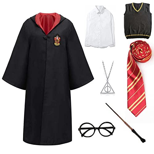 WooCaw Cosplay Siebenteiliges Kostümset Umhang Weißes Hemd Weste Gepolsterter Zauberstab Krawatte Brille Halskette Hermine Granger Kostüm Schwarze Robe Schuluniform Mardi Gras Mardi Gras Fancy,Rot,135 Cover