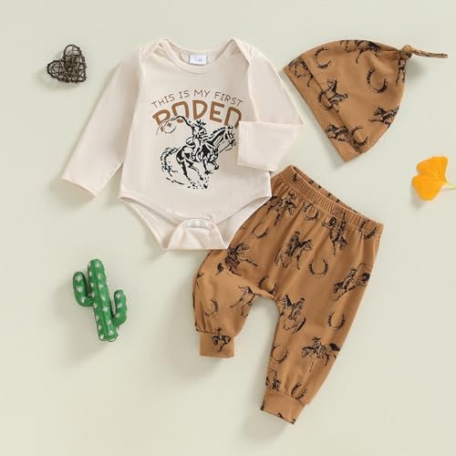 Chloefairy Western Baby Boy Clothes Fall My First Rodeo Outfit Long Sleeve Romper Pants Set Hat 3Pcs Newborn Cowboy Outfits2