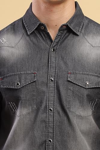 Image of Kuons Avenue Men's Black Double Pocket Half Sleeve Denim Shirt | Western Denim Shirt for Men