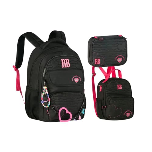 Kit Mochila Lancheira e Estojo Rebecca Bonbon Heart Beats Grande RB27015 (Preto)