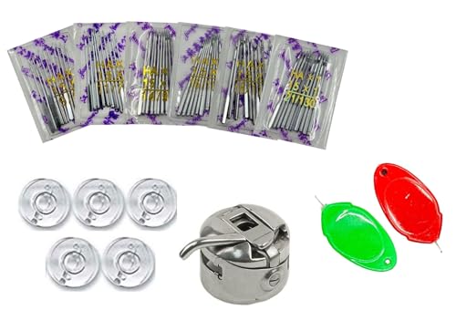 Image of ZENITH Sewing machine Needles HA Size (9,11,14,16,18,21) 10 pc Needles each (Total 60pc Needles), 5pc Plastic Bobbins ,1 Bobbin case & 2pc Needle Threader Combo Suitable for Home Sewing machines like Usha Janome, SINGER, BROTHER