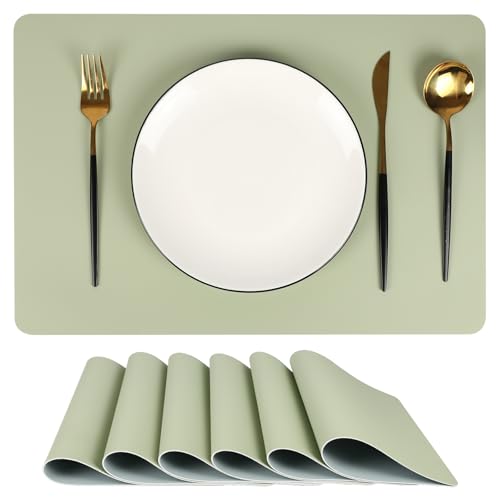 DEERYARD Olive Green Superfine Leather Placemats Set of 6 – Heat Resistant & Waterproof Dining Mats | Non-Slip, Durable, and Easy to Clean Table Mats for Home, Restaurants, Cafés & Offices by DEERYARD - Used condition - CA$15.11