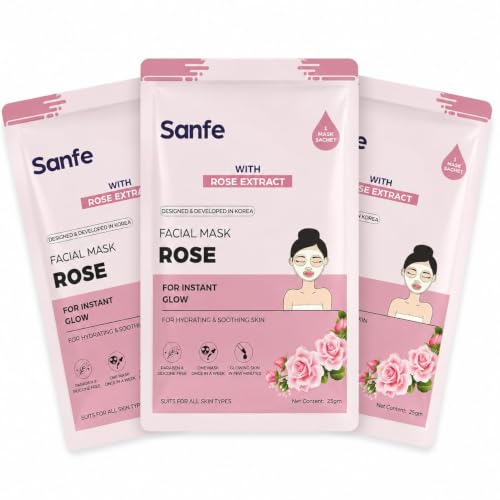 Image of Sanfe Instant Hydration Rose Facial Mask | for Toned & nourished Skin | 100% Fruit extracts, Korean Mask | 25gm | Pack of 3
