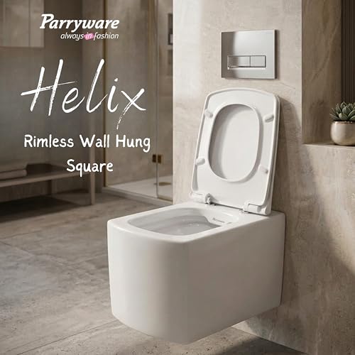 Image of Parryware HELIX Ceramic Wall Hung Western Commode for Bathroom | Rimless Washdown Flush Commode with UF Soft Closing Toilet Seat | Square Wall Mount Ewc | Space Saving | C8895