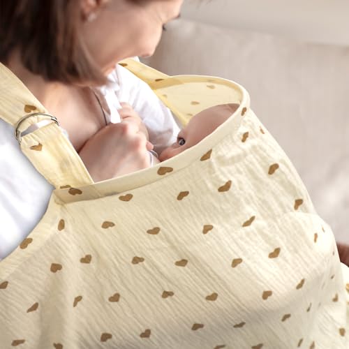 Image of Hooyax 2-in-1 Baby Car Seat Cover & Nursing Cover, 100% Muslin Cotton, Breathable Car Seat Canopy and Privacy Breastfeeding Cover, Tiny Heart