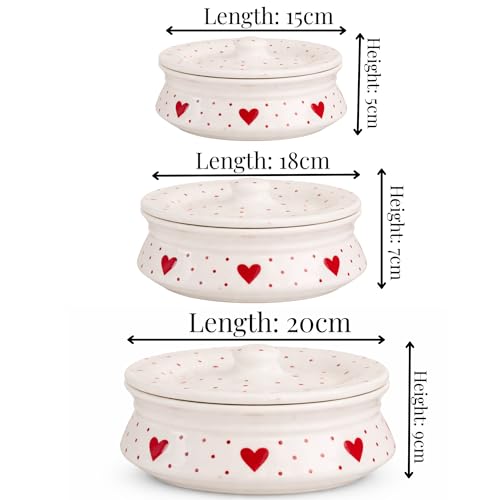 Image of Niyara Red Heart Design Ceramic Casserole with Lid | Multipurpose Serving Bowl | Microwave Safe Serveware (Set of 3, Sizes: 1000ML, 650ML, 550ML)