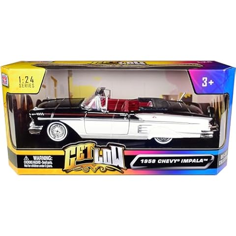 1958 Chevy Impala Convertible Lowrider Black and White with Red Interior Get Low Series 1/24 Diecast Model Car by Motormax 79025 for Unisex Adult Cover