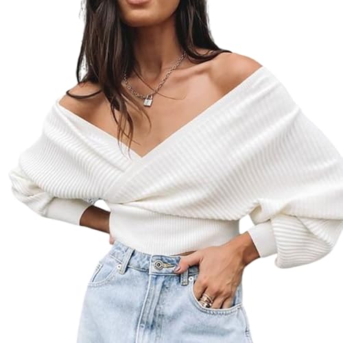 Listado de Jerséis para Mujer los 5 más buscados. 48 Jersey Con Hombros Descubiertos Para Mujer, Suéter Corto De Punto Con Cuello En V Cruzado, Jerséis De Punto Acanalados De Manga Larga Con Farol(White,Medium)