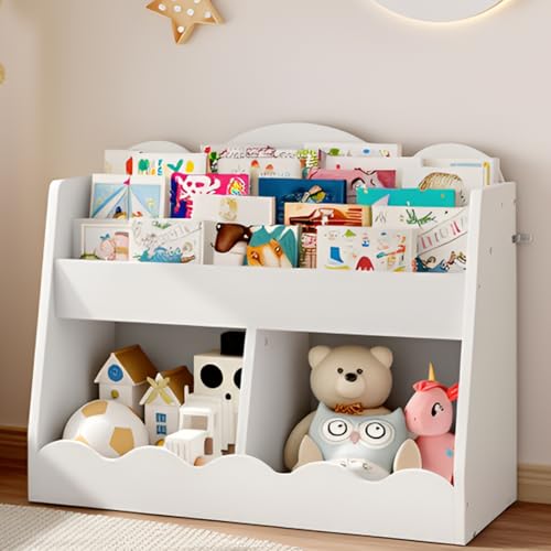 Image of CHOEZON Kids Bookshelf and Toy Storage, Children's Bookcase with 2 Toy Cubes, Toddler Book Shelf for Kids Room, Wooden Book Organizer, for Playroom, Nursery, Living Room, White MCW15WB