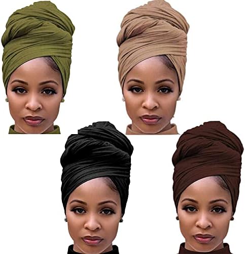 Youme Stretch Jersey Turban Head Wraps African for Women Dreadlocks Scarf Ultra Soft Headband Long Hair Breathable Solid Color Tie Large Headbands, Black+coffe+light Brown+army Green