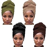 Youme Stretch Jersey Turban Head Wraps African for Women Dreadlocks Scarf Ultra Soft Headband Long Hair Breathable Solid Color Tie Large Headbands, Black+coffe+light Brown+army Green