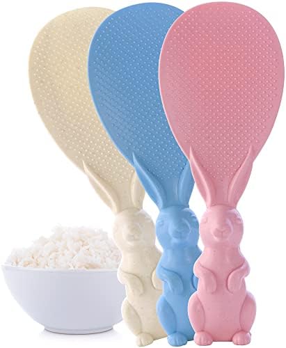 HengKe 3 Pieces Rabbit Shape Rice Paddle Bunny Cartoon Rice Spoon Non-stick Rice Spatula Stand-up Rice Spoon Paddle Standing Rice Cooker Spoon Stand-able Rice Serving Spoons Vertical Rice Scoop