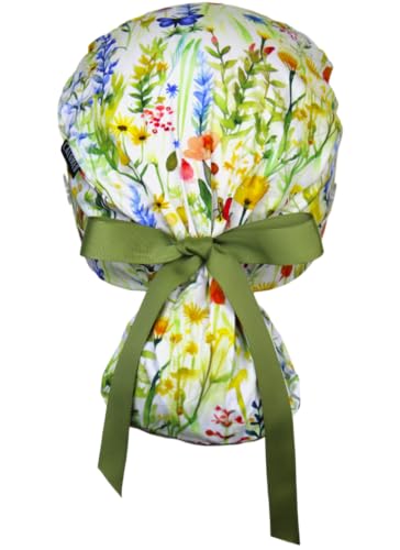 Image of Scrub Cap for Women and Men, Ponytail Scrub Caps, Working Hat, Head Cover with Ribbon Ties and Buttons, Long Hair
