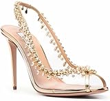 Women's Sparkly Rhinestone Clear Heels Fish Mouth Slingback Gorgeous Chain Backless Peep Toe Heel Sandals Pointed Elegant (Gold,8.5)