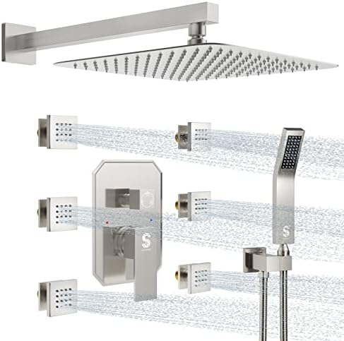 Waist Massage Spray Shower System with 6 Body Jets, 12'' Rain Shower System with Jets and Handheld Shower Faucet Set with Rough-in Valve, Wall Mounted Shower Fixture Set for Bathroom, Brushed Nickel