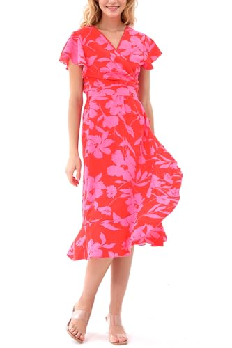 Image of Women's Summer Wrap Maxi Dress Casual Boho Floral V Neck Short Sleeve Ruffle Hem Split Beach Long Dresses