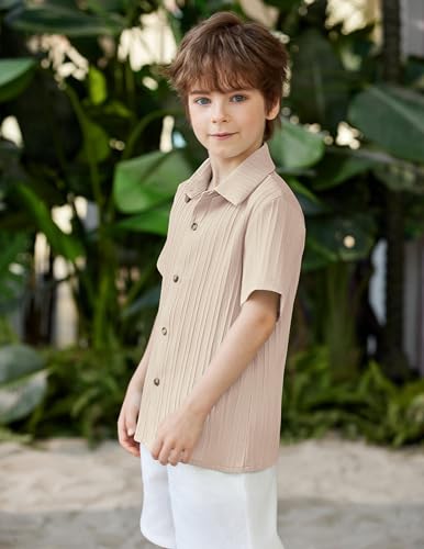 Image of Arshiner Boys Light Khaki Shirt Soft Short Sleeve Button Down Shirt size 12, Champagne