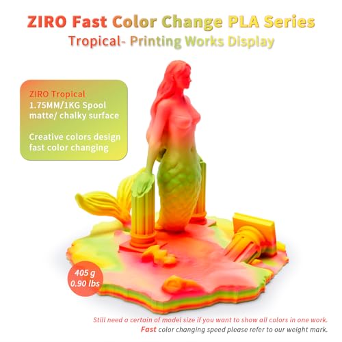 Image of ZIRO 3D Printer Filament, Faster Color Change Filament 1.75mm, Color Gradient Material, No-Shine Rainbow PLA, Dimensional Accuracy + /- 0.03mm, Fit Most FDM Printer 1KG Spool, Tropical (Matte)