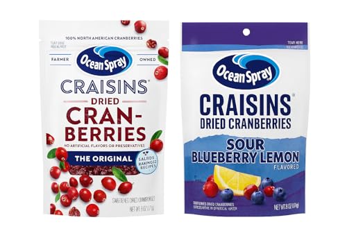 Ocean Spray® Craisins® Dried Cranberries Bundle – Original & Sour Blueberry Lemon Flavors, 6 Oz Resealable Pouches (Pack of 2)