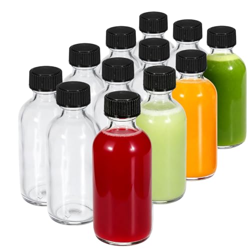 JohnBee 12-Pack 2 oz (60ml) Small Glass Boston Round Bottles with Lids - Leak-Proof Mini Travel Containers for Ginger Shots Juice Whiskey Samples | W/Labels Funnels & Brushes
