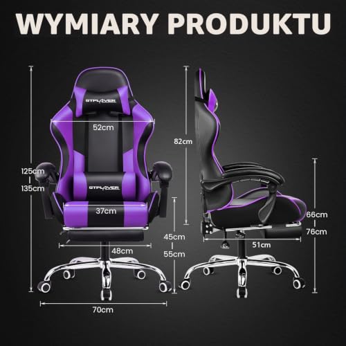 GTPLAYER Krzesło gamingowe, ergonomiczne krzesło biurowe, fotel gamingowy z podparciem okolic masażu, krzesła zadaniowe z podnóżkiem i zagłówkiem, fioletowa sztuczna skóra