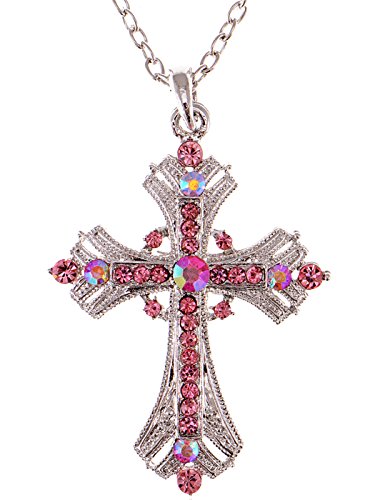 Image of Alilang Silvery Tone Religious Cross Pendant Necklace w /Aquamarine Blue Or Clear Crystal Rhinestones